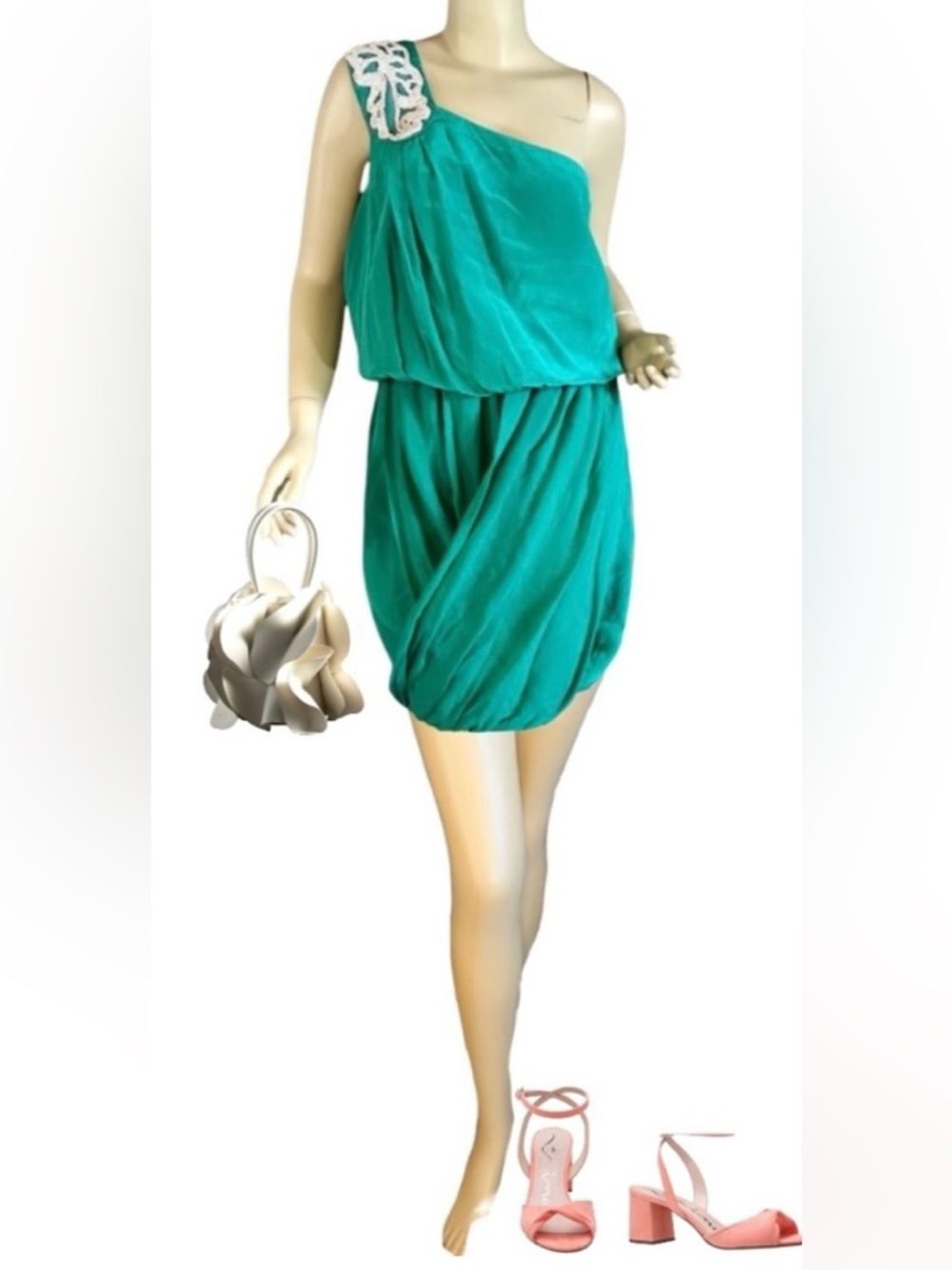 TIBI TEAL GREEN ONE SHOULDER SILK BLOUSON MINI DRESS WITH BEADING (8)